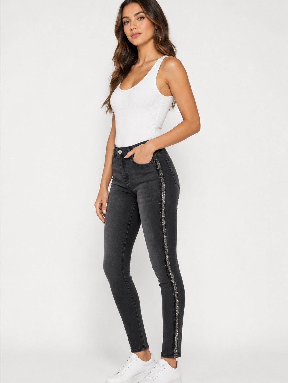 Black Skinny Jeans with Side Two Tone Crystal Stripe